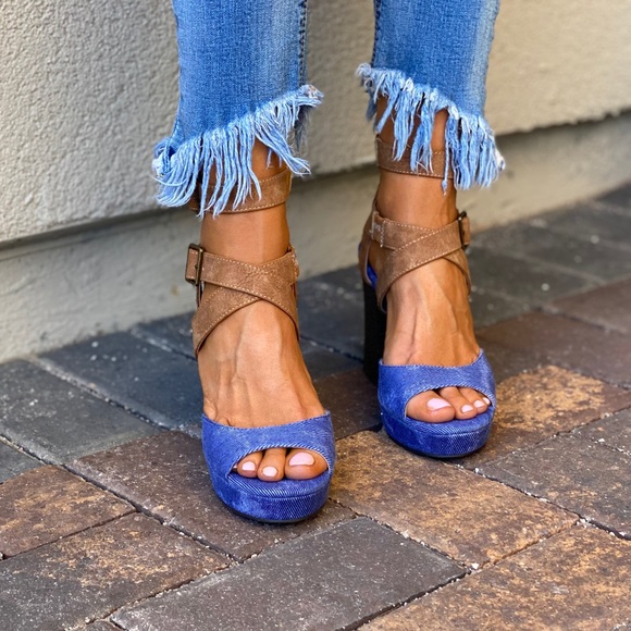 Denim/Tan Color Block Chunky Heel Platform Sandal - Picture 3 of 13